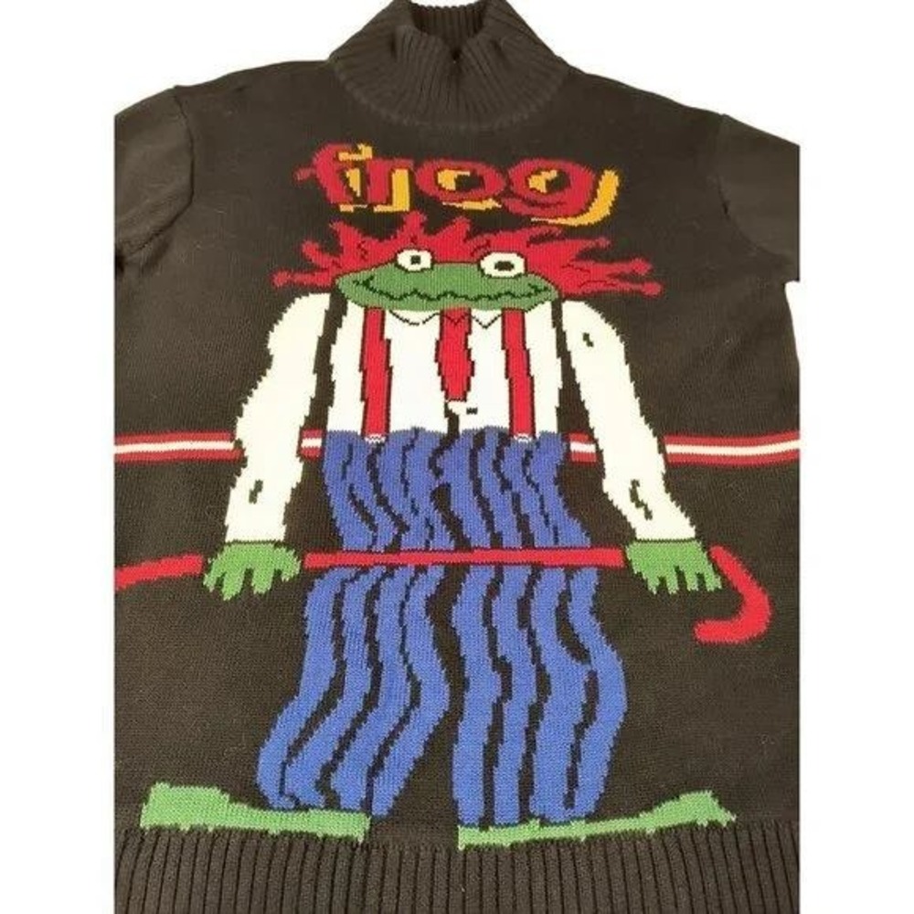 RARE 90s Ms AND Dn Frog‎ Sweater Vintage Kawaii Mock Neck Cartoon Knit Japan UNI